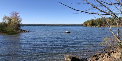 Picture of Lake Auburn with rocks and trees in Auburn, Maine.