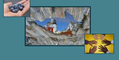 collage of three images, one is a lighthouse on the coast of Maine, one is an open hand holding blueberries, and the third is a group of hands in a circle.