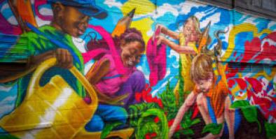 Mural of children gardening