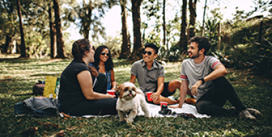 group of people at a picnic in a park with a dog.