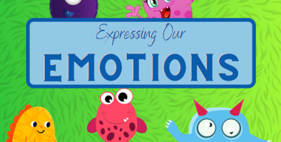 Image of five cartoon monsters showing different emotions, with the words, "Expressing Our Emotions" in the middle of the page