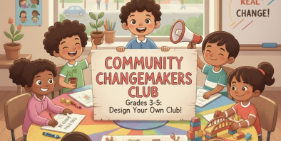kids gathered around a table engaging in a community changemakers club meeting