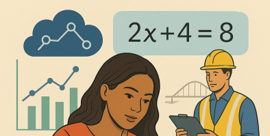 A student sits at a desk writing in a notebook and using a calculator, surrounded by graphics of equations, bar charts, and data icons. Behind her, a construction worker in a hard hat reviews information on a tablet with a bridge sketch in the background, symbolizing real-world math applications in different careers.”