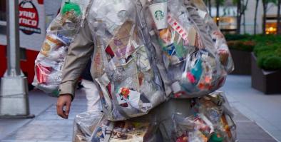 Rob Greenfield in New York City, Trash Me Campaign. Rob is wearing all the trash he created in the past month.