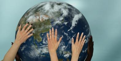 Five hands on a globe