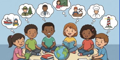 A clipart image of a group of six kids sitting on a rug with thought bubbles showing different careers found in Maine like a forest ranger, doctor, teacher, and chef