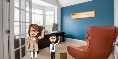 The view of the office is from standing in the doorway of an office, there is a door on the left, a window on the left side of the office, a desk sitting in front of the window, the far wall to the right is blue with a painting of a sunset set on the wall.  There is a large brown chair on the right inside the doorway.  Financial Francine, Bitmoji Image of a white, female woman wearing a tan jacket, white pants, and red sneakers.  She has long, brown hair and red glasses.  And Billy, Billy is a 10 year old b