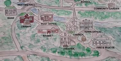 Image of a community map including from left to right a bank, meeting hall, library, post office, market, theater, church, school, town office, and fire and rescue with rec fields at the bottom done in watercolors.