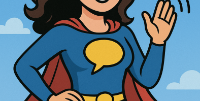 Woman with dark hair dressed like a superhero in a blue suit with red cape and empty yellow speech bubble on the chest