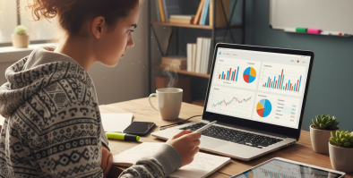 Teen in front of computer with graphs