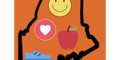 Outline of Maine with A Healthy ME title. Inside the outline there is a smiling face, a heart, an apple, and a sneaker. These represent the various aspects of health.