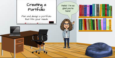 Image of a classroom with a teacher, teacher desk, chair, and laptop, whiteboard with welcome note " Get Hired! Plan and Design a Portfolio", book shelf with books and bean bag chair