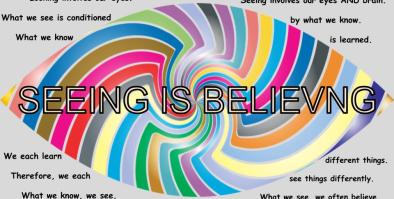 SEEING IS BELIEVING: Looking involves our eyes. Seeing involves our eyes AND brain. What we see is conditioned by what we know.  What we know is learned.  We each learn different things  Therefore,we each see things differently. What we know, we see. What we see, we often believe.